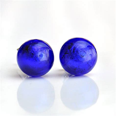 Boucles D Oreilles Clou Bleu Cobalt En Veritable Verre De Murano De Venise