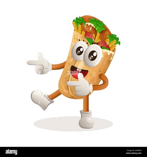 Cute Burrito Mascot Playful With Pointed Hand Perfect For Food Store