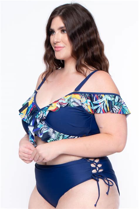 Plus Size Areca Palm Leaf Print Bikini Set Navy Shopperboard