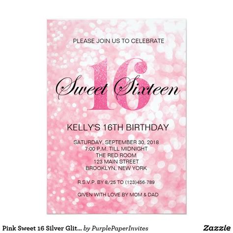 Pink Sweet 16 Silver Glitter Lights Invitation Zazzle Sweet Sixteen Invitations Pink Sweet