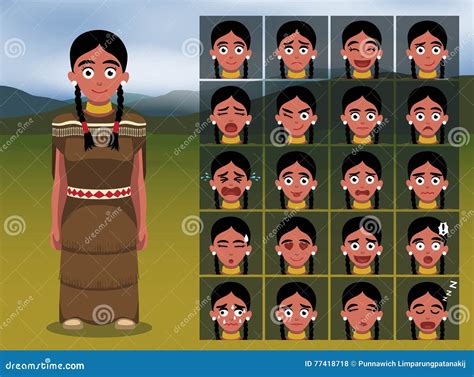 Native American Indian Woman Cartoon Emotion Faces Vector Illustration Stock Vector