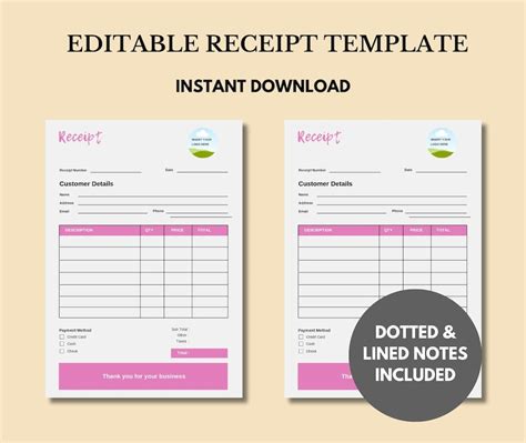 Editable Receipt Template Small Business Template Canva Editable