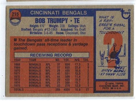 1976 Topps Football 215 Bob Trumpy Cincinnati Bengals EBay