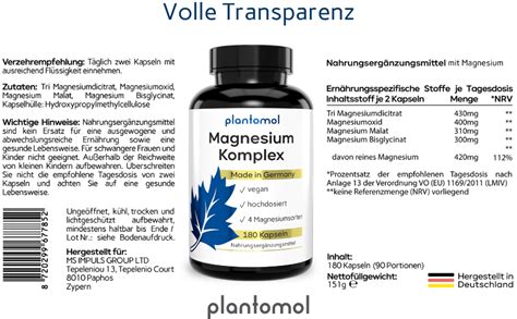 NEU Plantomol 180 Magnesium Komplex Kapseln Hochdosiert 420mg Reine