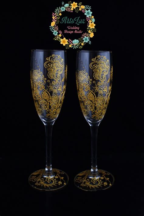 Gold Wedding Champagne Glasses Hand Painted Royal Gold Etsy