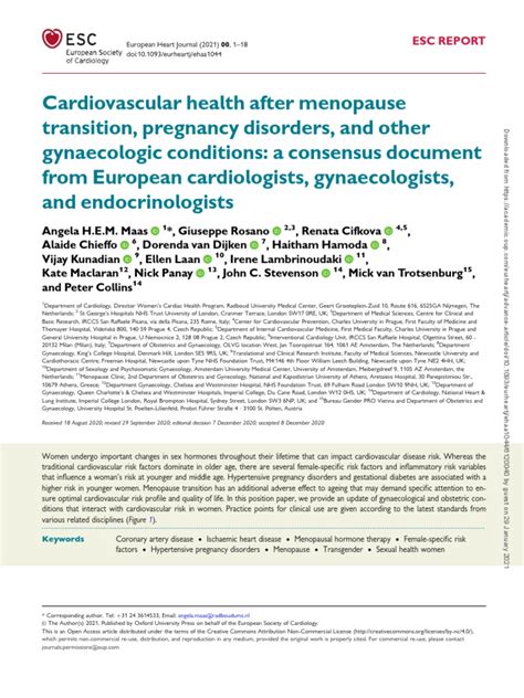 2021 Esc Consensus Document Cvd In Women Menopause Download Free Pdf