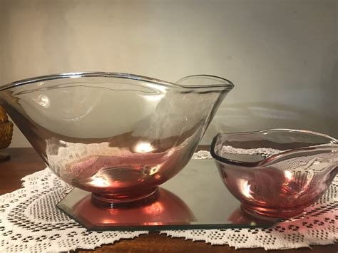 Vintage Indiana Glass Chip Dip Bowl Set Cranberry Pink Ombré Etsy