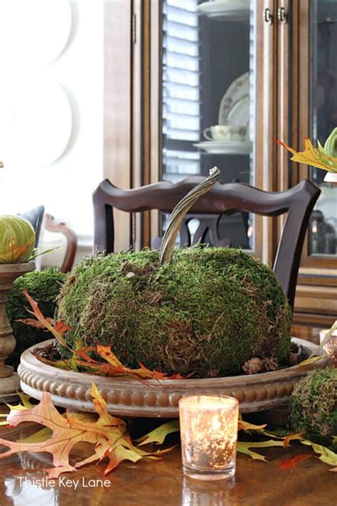 Thanksgiving Centerpieces With Moss Covered Pumpkins Thistle Key Lane