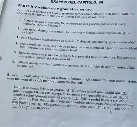 Examen Del Capítulo 9a Parte I Vocabulario Y Gramática En Uso A