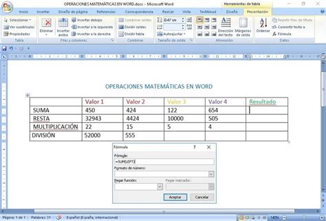 Cómo Sumar Restar Multiplicar Dividir En Word Insertar Formulas En