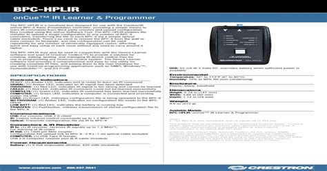 Spec Sheet Bpc Hplir Oncue™ Ir Learner And Programmer · Title Spec Sheet Bpc Hplir Oncue