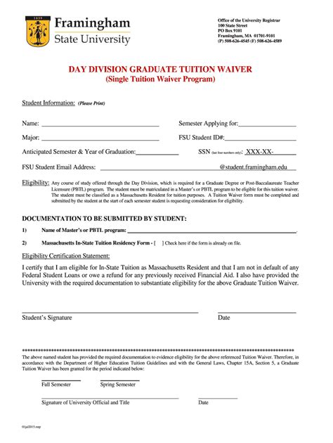 Fillable Online Framingham Day Division Graduate Tuition Waiver