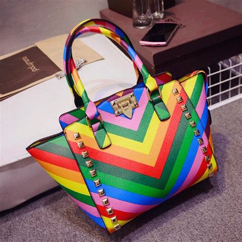 2015 New Women Handbags Colorful Beach Rainbow Bag Fashion Rivet Women