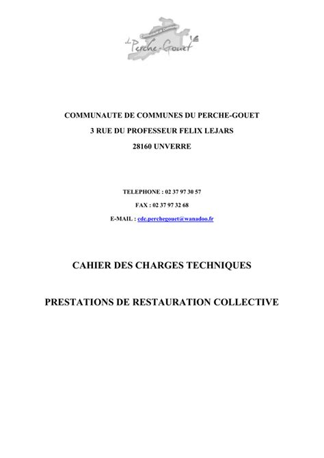 Cahier Des Charges Techniques Prestations De Restauration Collective