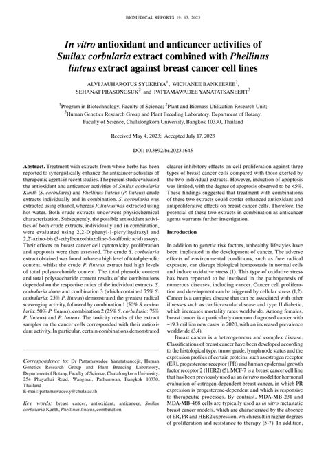 PDF In Vitro Antioxidant And Anticancer Activities Of Smilax