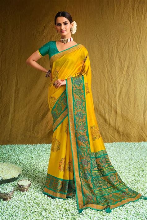 Admyrin Yellow And Turquoise Brasso Stone Work Designer Party Wear Saree