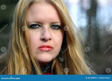 Beautiful Blonde With Long Hair And Red Lips Blue Eyes Stock Image