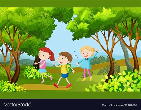 Three Kids Walking In Woods Royalty Free Vector Image