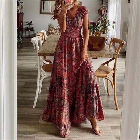 Robe Longue Vintage Imprim Floral Pour Femme Tenue De Plage Boh Me D