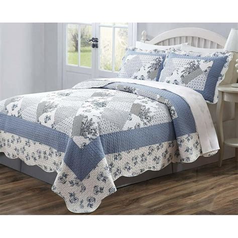 Legacy Decor 3 PCS Quilt Bedspread Coverlet Blue and White Floral ...