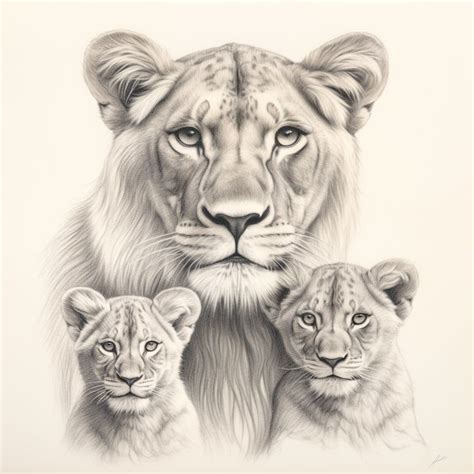 A Pencil Drawing Of Two Lions Next To Each Other