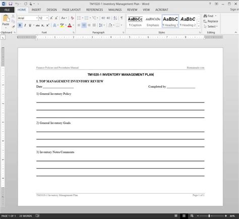 Inventory Management Plan Template
