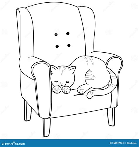 Cat Sleeping In An Armchair Vector Black And White Coloring Page Stock