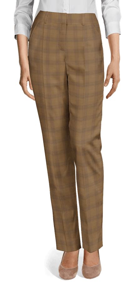 Camel 3 Button Plaid Stretch Pantsuit With Peak Lapels Sumissura