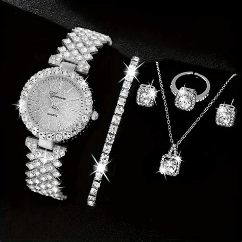 6pcs Set Montre Pour Femmes De Luxe En Quartz Avec Strass Montre