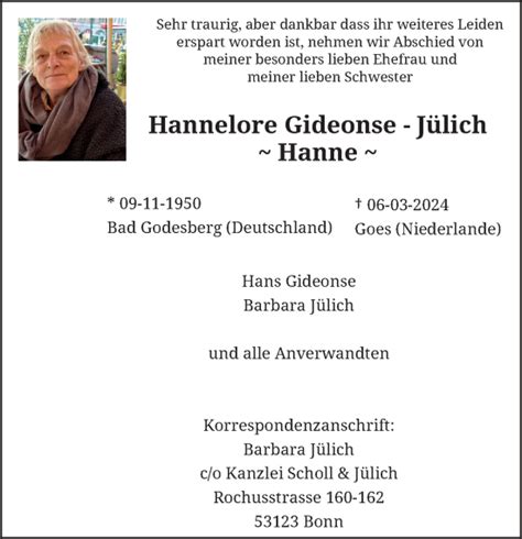 Traueranzeigen von Hannelore Gideonse Jülich ga trauer de