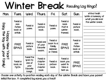 Winter Break Reading Log by Kmwhytes Kreations | TPT - Worksheets Library