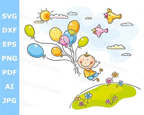 Cartoon Happy Kids Clipart. Birthday Illustration. Little Boy Flying ...