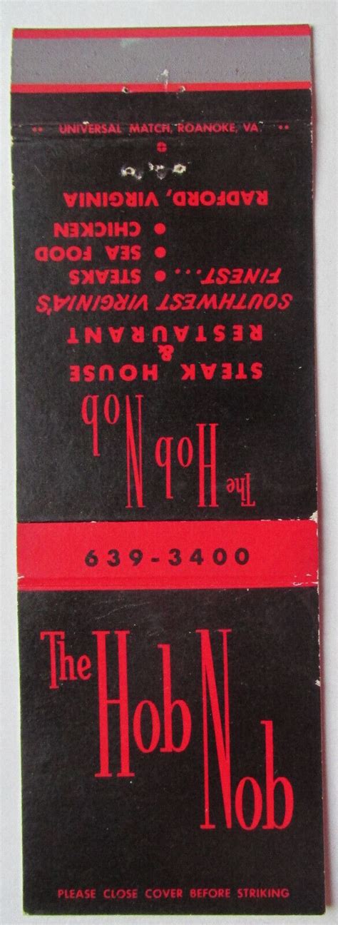 The Hob Nob Steak House - Radford, Virginia Restaurant 20 Strike Matchbook Cover - Restaurants