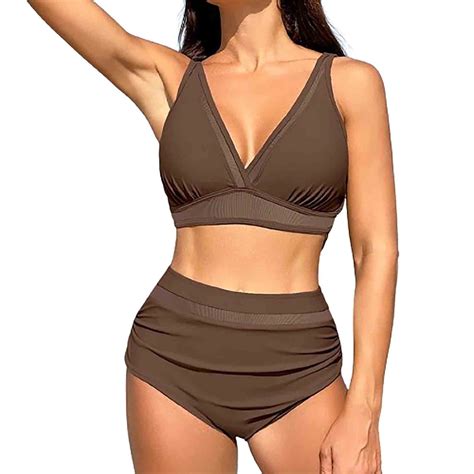 Hvot Aat Women Sexy Mesh High Waisted Bikini Set V Neck Tummy Control Swimsuit Casual Fashion