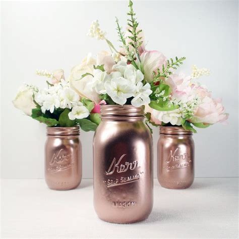 3 Rose Gold Metallic Hand Painted Mason Jars Flower Vases Country