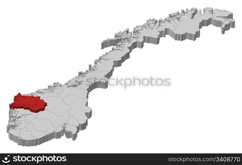 Map of Norway, Sogn og Fjordane highlighted. Political map of Norway ...