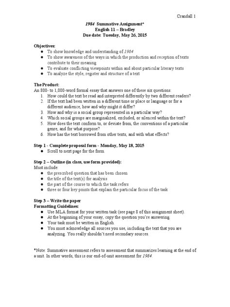 Summative Assignment English 11 Bradley Due Date Tuesday May 26 2015 Objectives Pdf