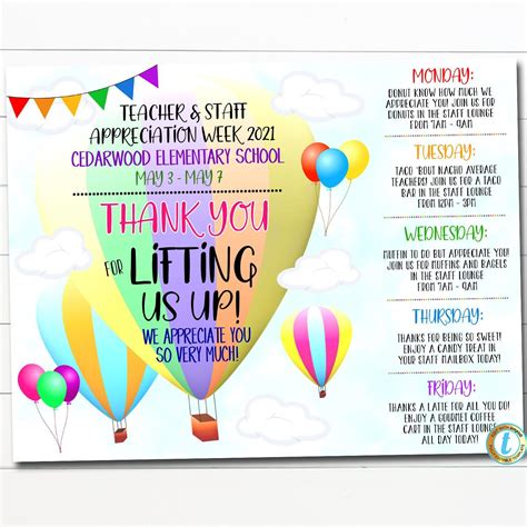 You Lift Us Up Teacher And Staff Appreciation Week Itinerary Poster Schedule Events School Pto