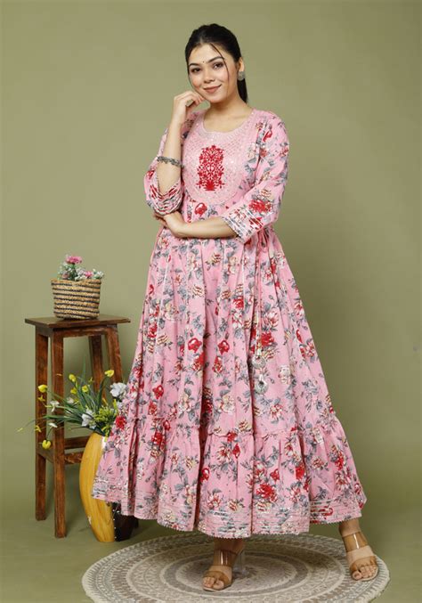 Buy Pink Cotton Printed Anarkali Gown Online Bandiwal