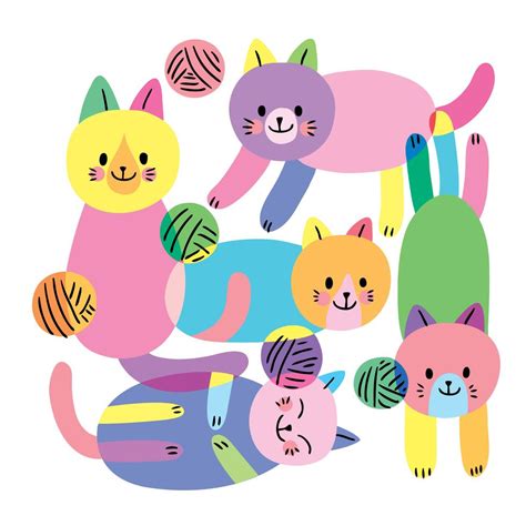 Cartoon Cute Flat Colorful Cats And Yarns 680388 Vector Art At Vecteezy