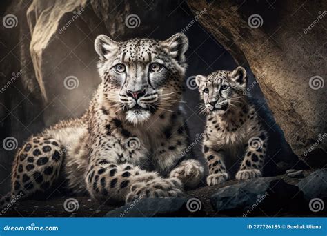 Snow Leopard with Cub in Natural Habitat. Generative AI Stock Illustration - Illustration of ...