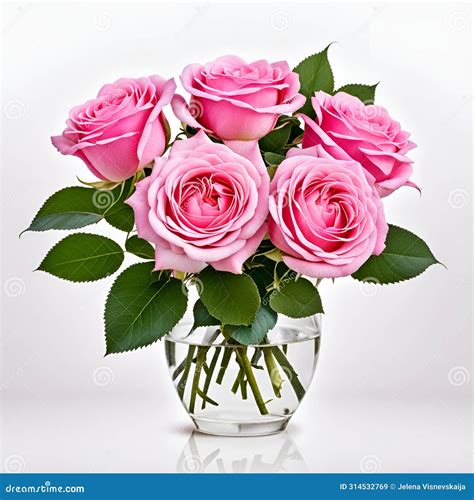 Bouquet Of Pink Roses In Glass Vase On White Background Stock