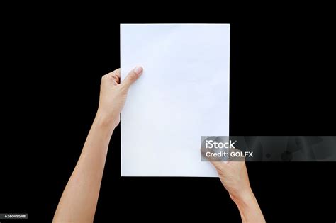 Woman Hands Holding Sheet Of Paper Isolated On Black Background Stock