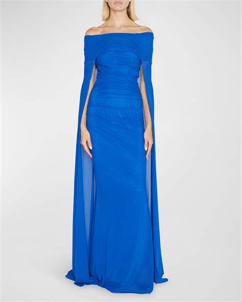 Talbot Runhof Metallic Ruched Off The Shoulder Tulle Cape Gown