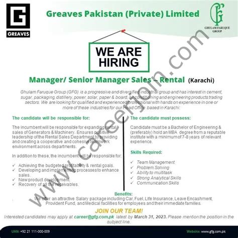 Greaves Pakistan Pvt Ltd Jobs Manager Senior Manager Sales Rental