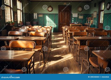 Interior Of An Empty Classroom With Wooden Chairs Stock Illustration Illustration Of Room