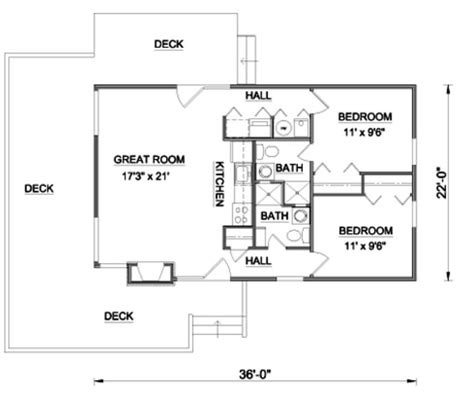 Plano de cabaña con 2 dormitorios de 73m2 y 1 piso