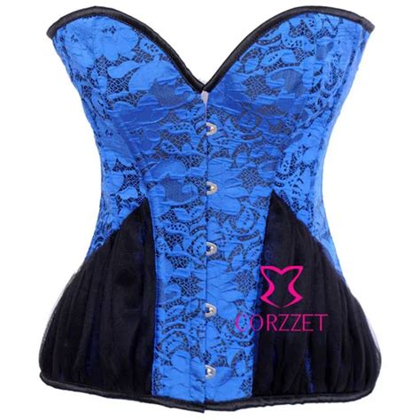 Blue Jacquard Lace Embroidery Metal Buckle Steel Boned Women Overbust