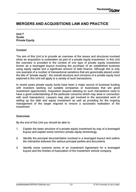 Workshop Guide 7 MERGERS AND ACQUISITIONS LAW AND PRACTICE Unit 7