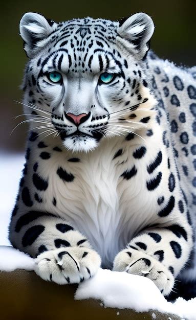 Premium Ai Image A Snow Leopard With Blue Eyes Sits On A Ledge